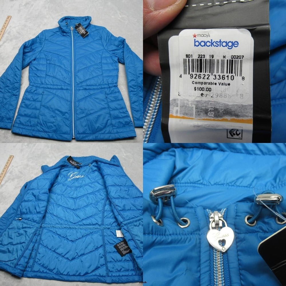 Guess Puffer Jacket Women Medium Royal Bue Zip Pockets Drawcord Full Zip NWD *